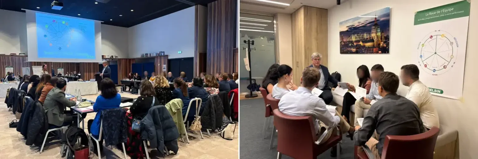 photo composée de 2 sous-photos représentant un grand atelier Belbin de 30 personnes, et à droite un petit atelier Belbin avec une dizaine de personnes